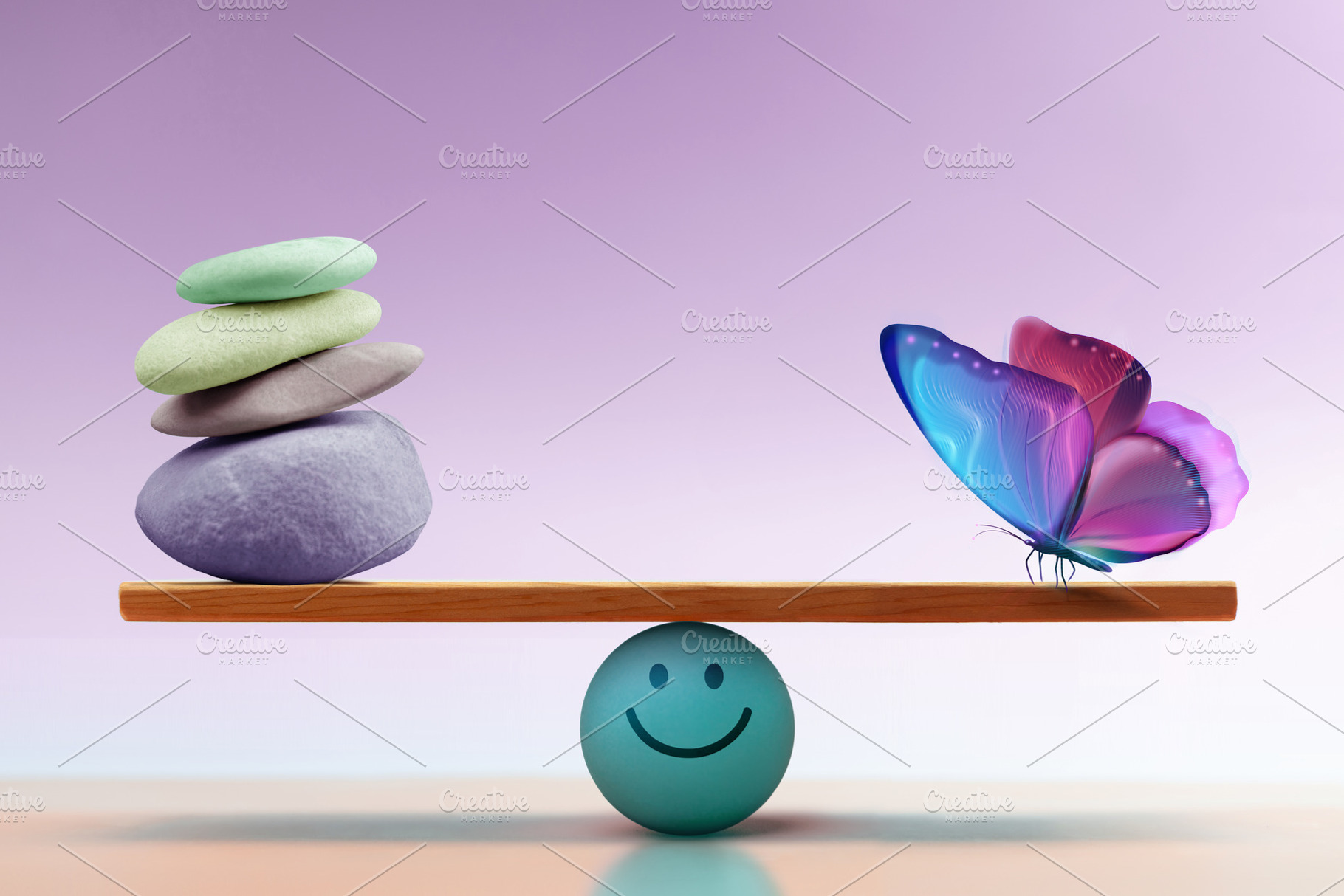 Pebble Stone and Butterfly balancing on seesaw, Mental Health an, a Photo by salmon.black