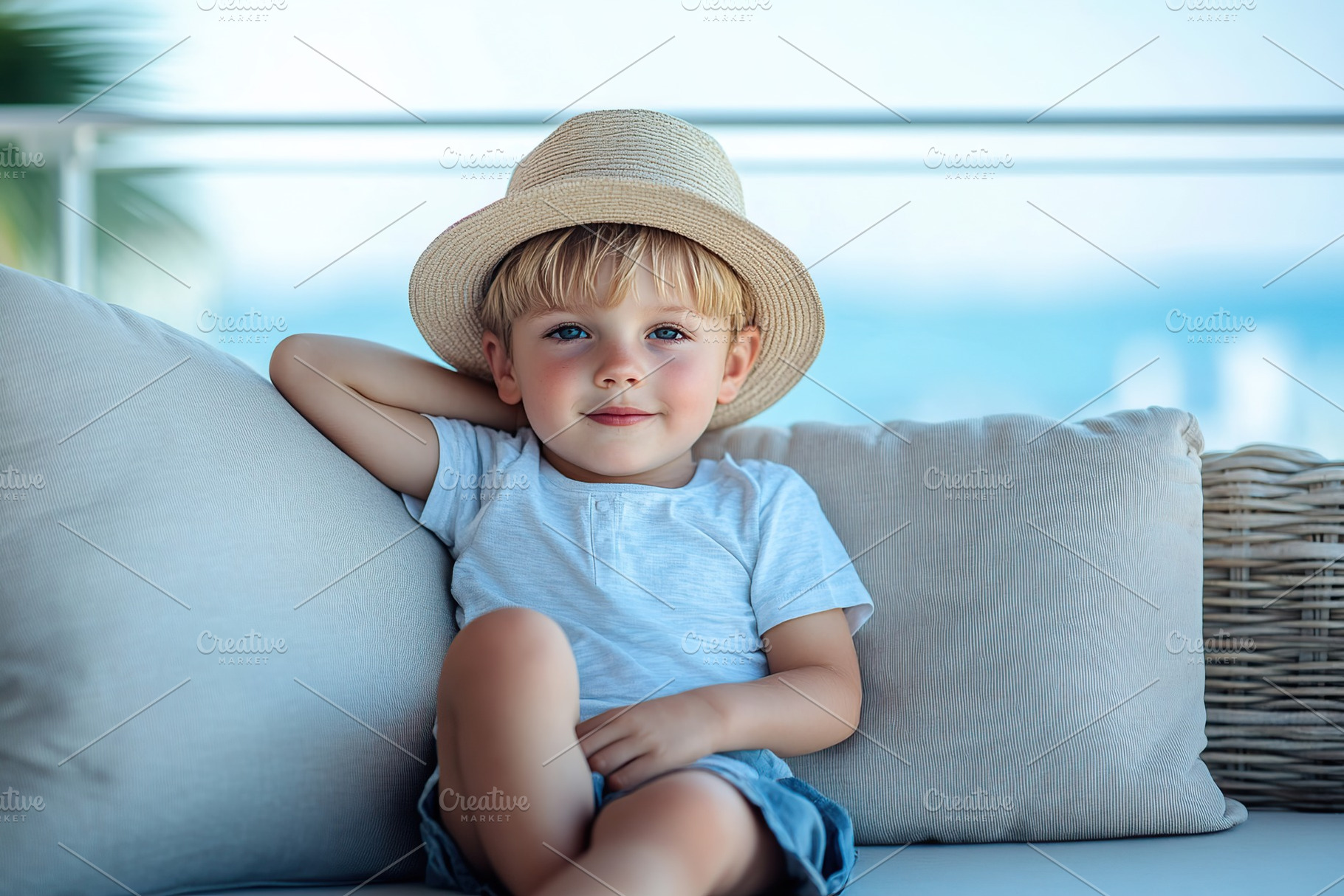 Boy relaxes on soft outdoor couch wearing a straw hat by the seaside, a Person Photo by AlyaAnd