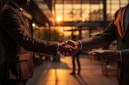 Close-up of two businessmen shaking hands in office. Business co, a Business Photo by AS photostudio