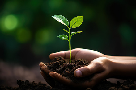 Woman holding green seedling in soil, a Nature Photo by AlyaAnd