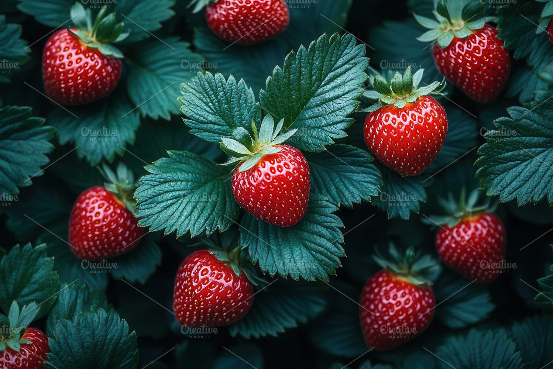 Fresh ripe strawberries nestled amon, a Photo by Tanuart