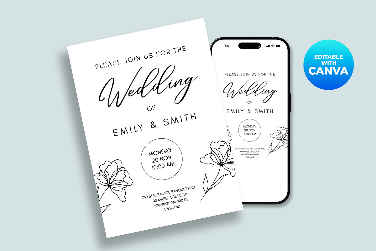 Minimalist Floral Wedding Invitation, an Invitation Template by M9 Design (Photo 3 of 5)