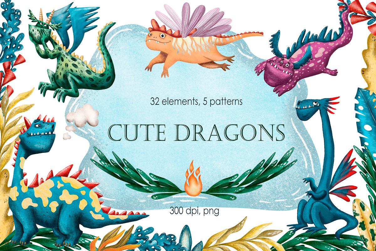 Cute Dragons - Clip Art Set, an Animal Illustration by Mashamashastu (Photo 1 of 10)