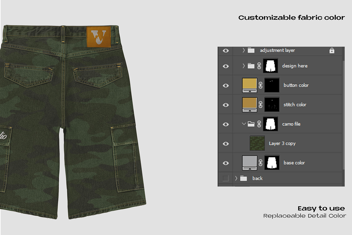Camo jorts pants mockup, a Bottom Mockup by Voyage Studio (Photo 3 of 3)