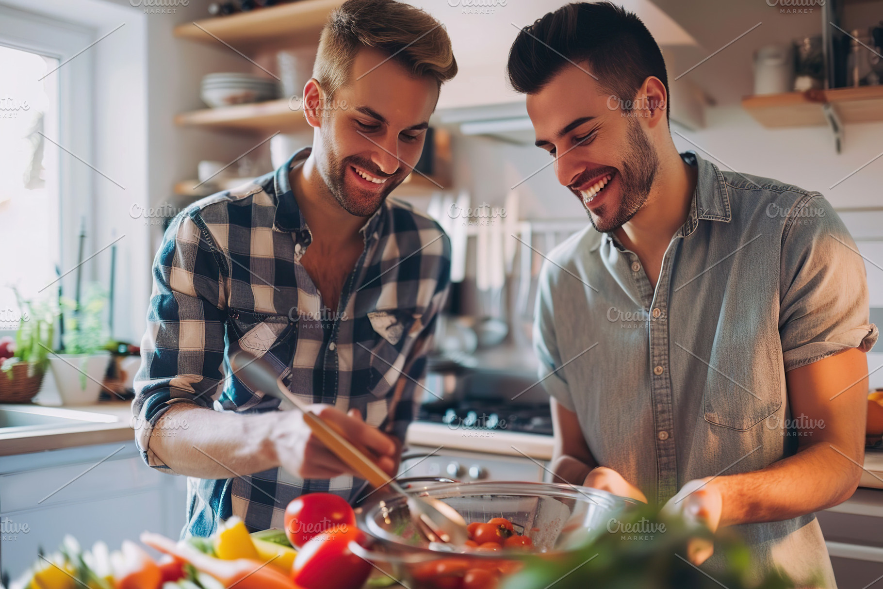 Young gay couple cooking healthy food in the kitchen, a Person Photo by AlyaAnd