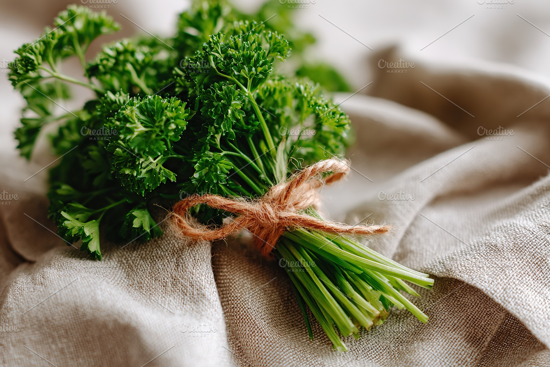 Fresh Italian flat-leaf parsley tied together with twine resting on fabric back, a Food & Drink Photo by AlyaAnd