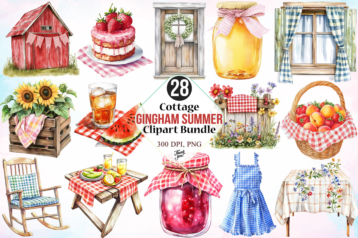 Cottage Gingham Summer Clipart, an Illustration by Canvas Craft (Photo 1 of 4)
