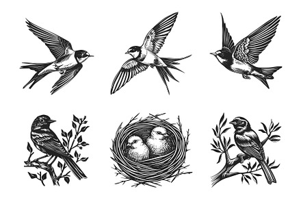 Martin bird set. Sitting on the tree, an Animal Illustration by Valerie Bodnar
