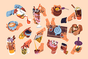 Hands with drinks set + posters, a Food Illustration by PaperTrident