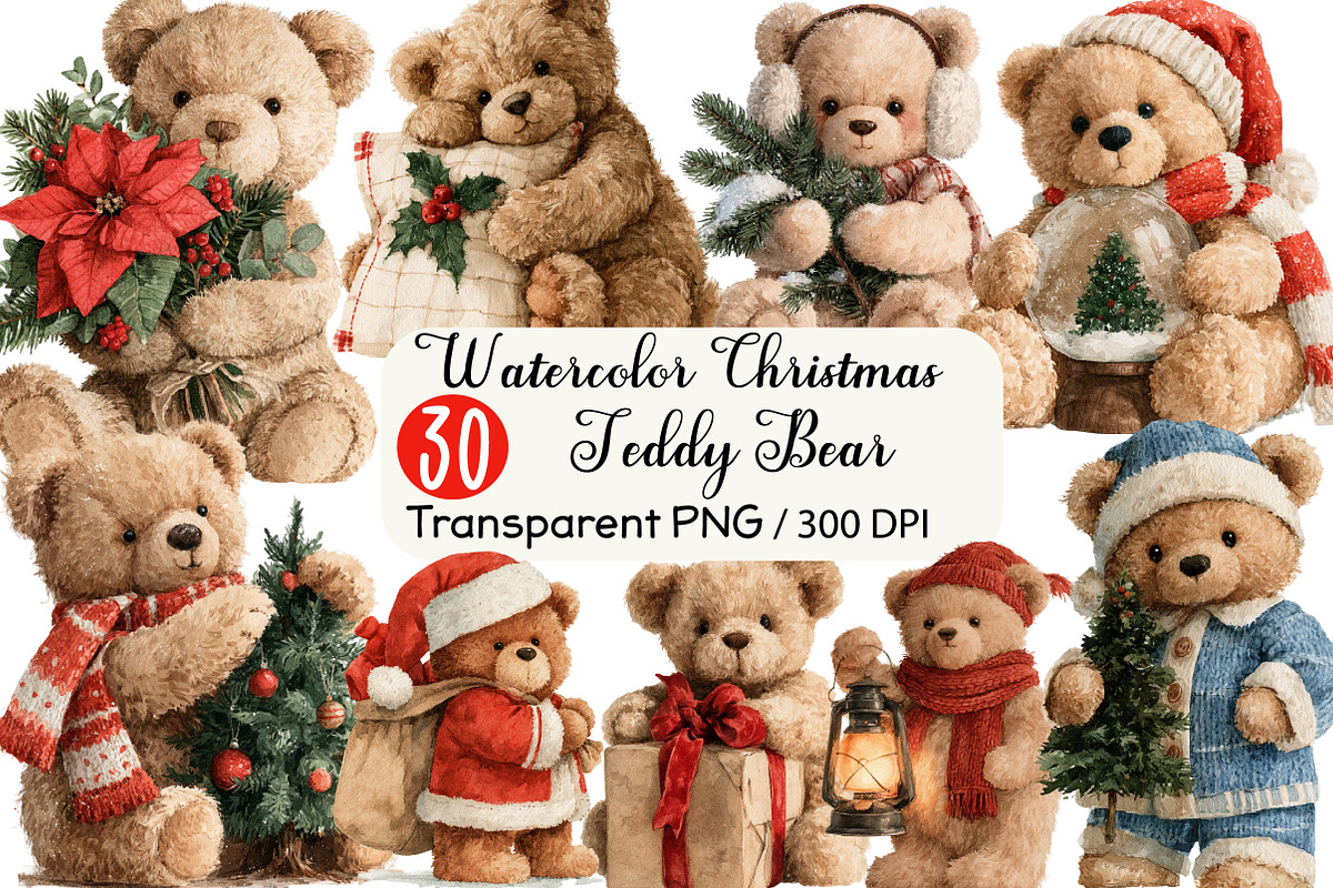 Watercolor Christmas Teddy Bear, a Seasonal Illustration by Black Bird Studio (Photo 1 of 7)