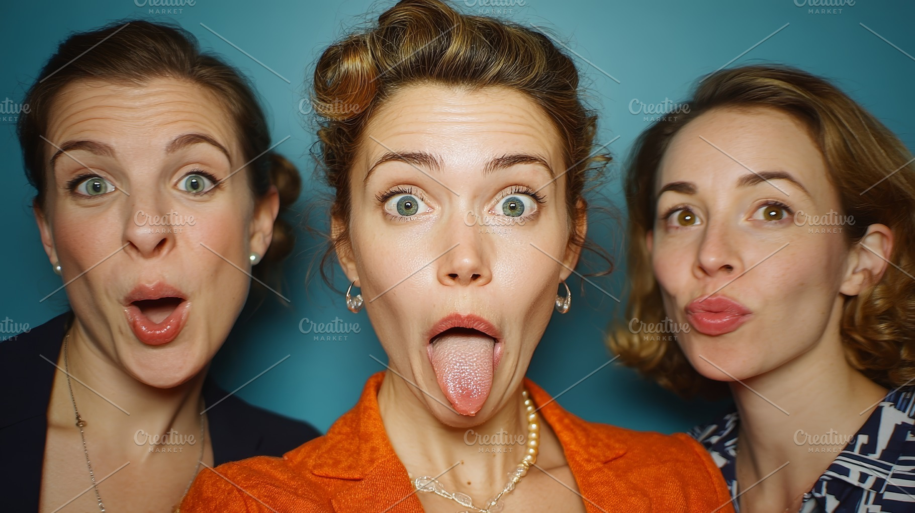 Three friends posing with surprised playful expressions in a studio portrait, a Photo by AS photostudio