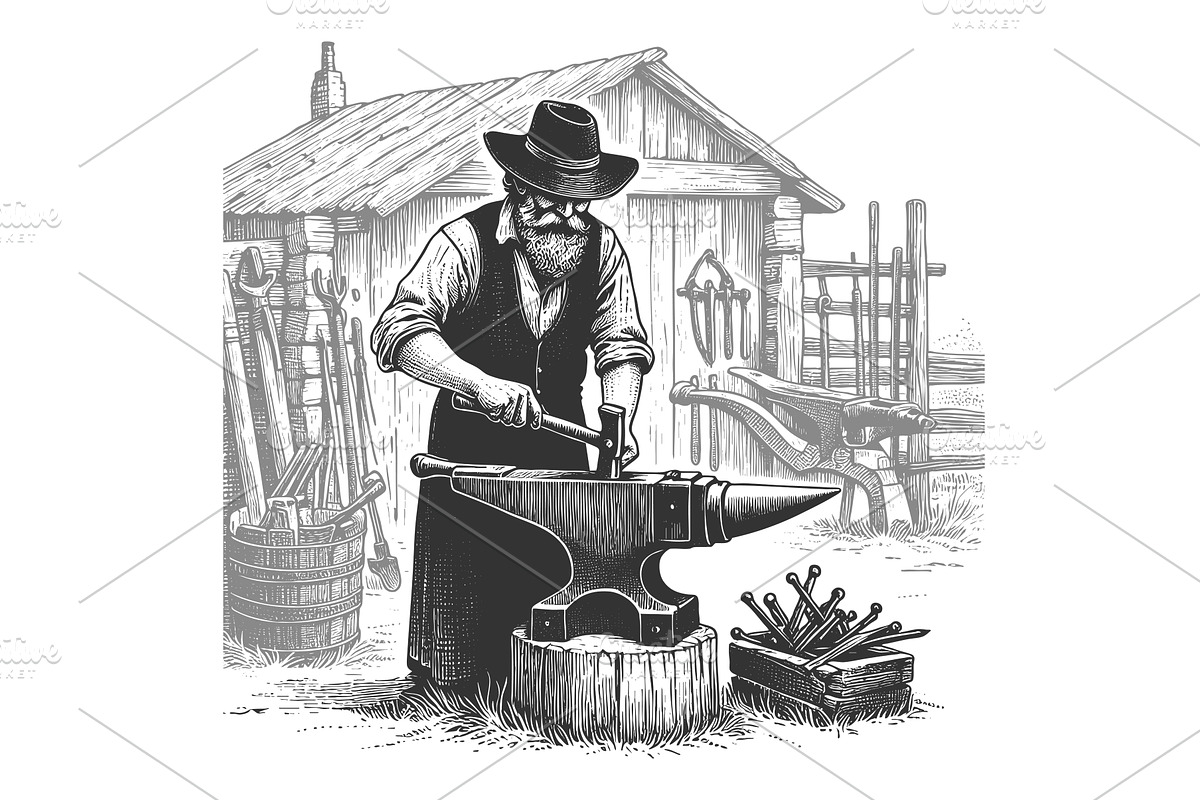blacksmith working at anvil, an Illustration by AlexArt