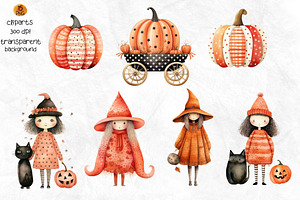 Cute Autumn Witch Watercolor Clipart