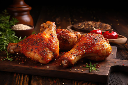 Grilled chicken legs with rosemary on brown wooden background, a Food & Drink Photo by AlyaAnd
