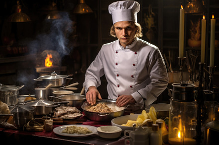 A skilled chef wearing a chefs hat c, a Photo by Iftikhar Alam