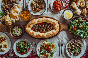 Stuffed bread with sausages and assorted Middle Eastern food, a Food & Drink Photo by Photostock