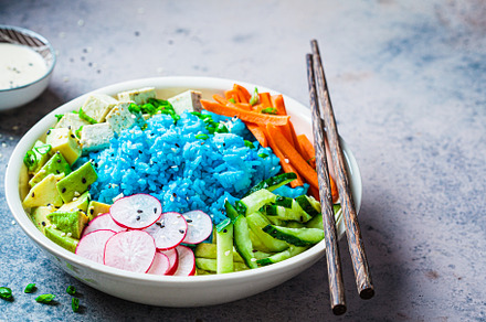 Blue rice poke bowl with tofu., a Food & Drink Photo by vaaseenaa