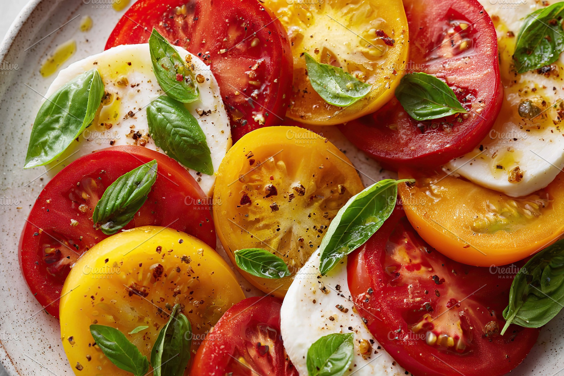 Delicious caprese salad featuring vibrant heirloom tomatoes and fresh basil, a Food & Drink Photo by AlyaAnd