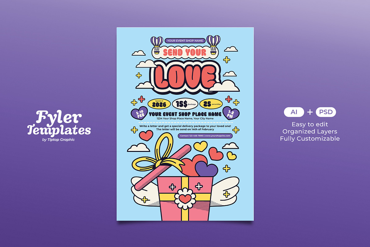 Retro Valentine's Day Flyer Template, a Flyer Template by Tiptop Graphic (Photo 1 of 5)