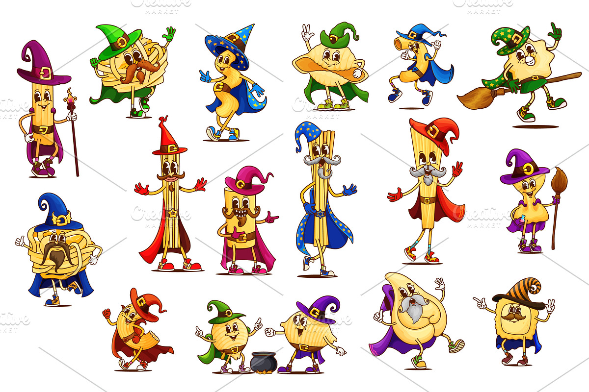 Groovy Halloween pasta wizards, a Food Illustration by Vector Tradition