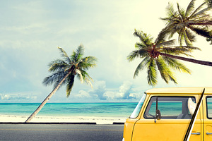 Car on the beach with a surfboard stock photo containing surfing and surf