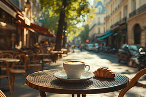 Cup of hot coffee drink and fresh croissant at a street cafe, a Food & Drink Photo by AlyaAnd