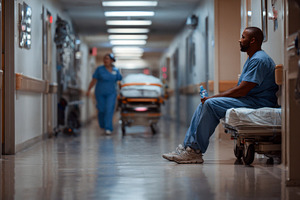 Man in hospital hallway at night, a Photo by Beautiful things