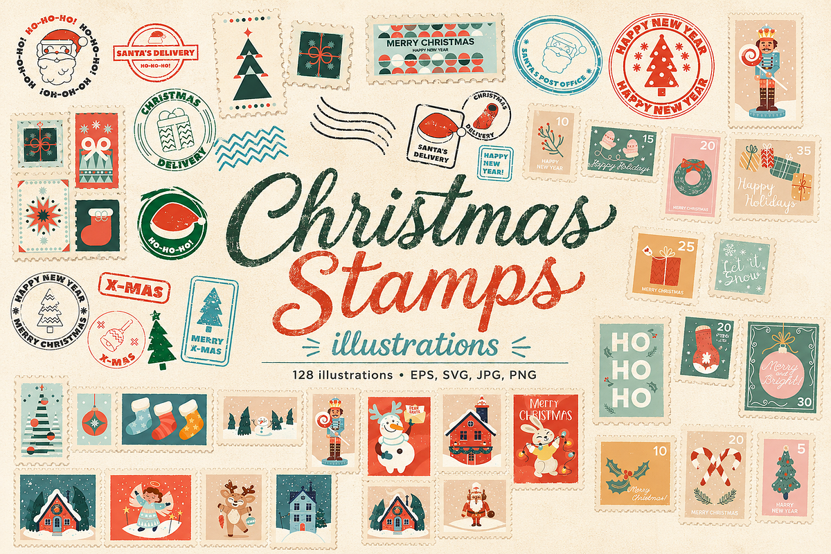 Christmas Stamps Illustrations, a Seasonal Illustration by Anna Studio (Photo 1 of 12)