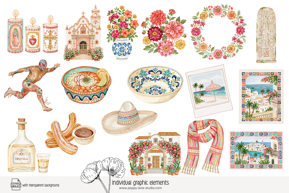 140 watercolour Mexico clip art, a Person Illustration by Poppy Lane Studio