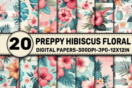 Preppy Hibiscus Floral Digital Paper, a Background Graphic by Dizzy Art Studio