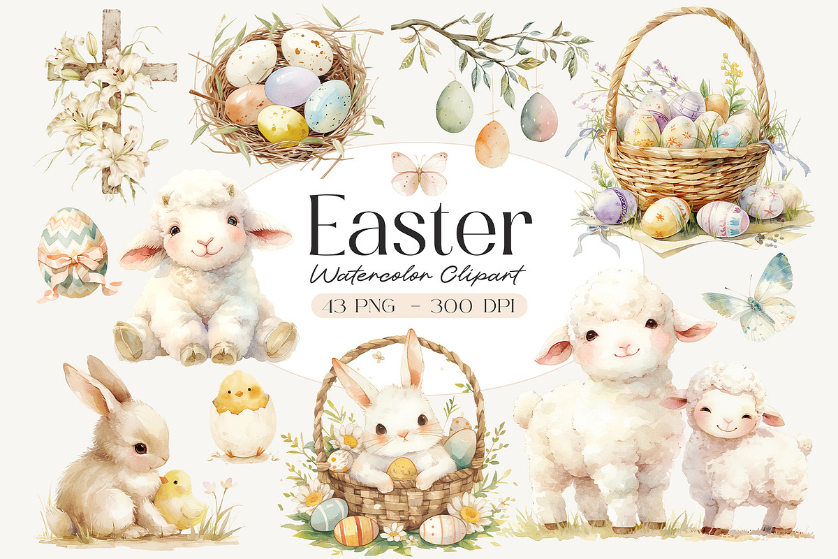 Watercolor Cute Easter Clipart, a Seasonal Illustration by Primrose Blume (Photo 1 of 5)