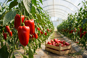 Bell peppers growing on greenhouse, a Food & Drink Photo by Volff