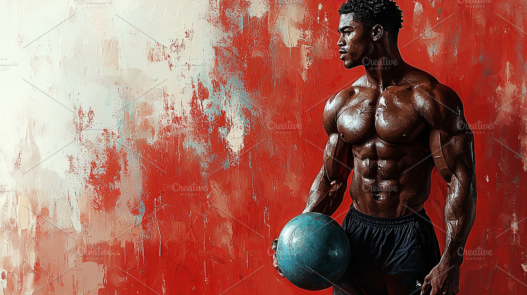 Muscular man holding medicine ball against abstract red and white background, a Photo by AS photostudio