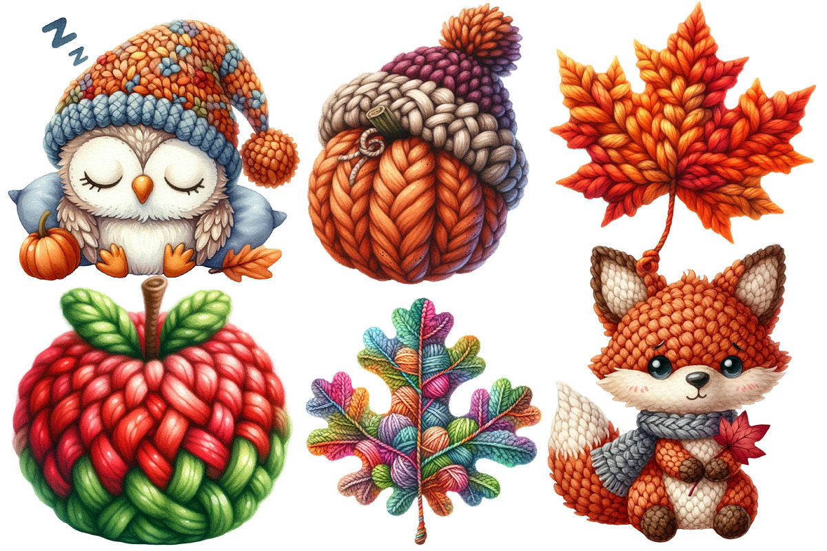 Watercolor Crochet Autumn Clipart, an Illustration by Designworld (Photo 3 of 7)
