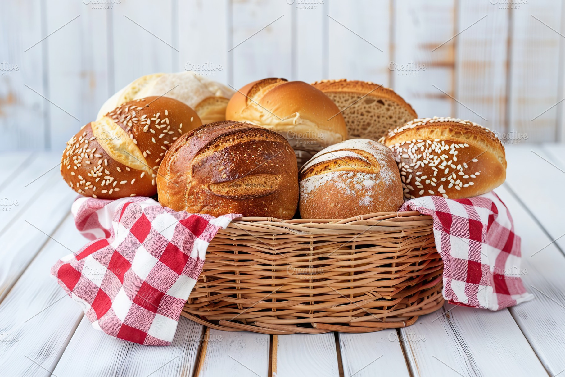 Freshly different baked bread in basket on wooden table, a Food & Drink Photo by AlyaAnd