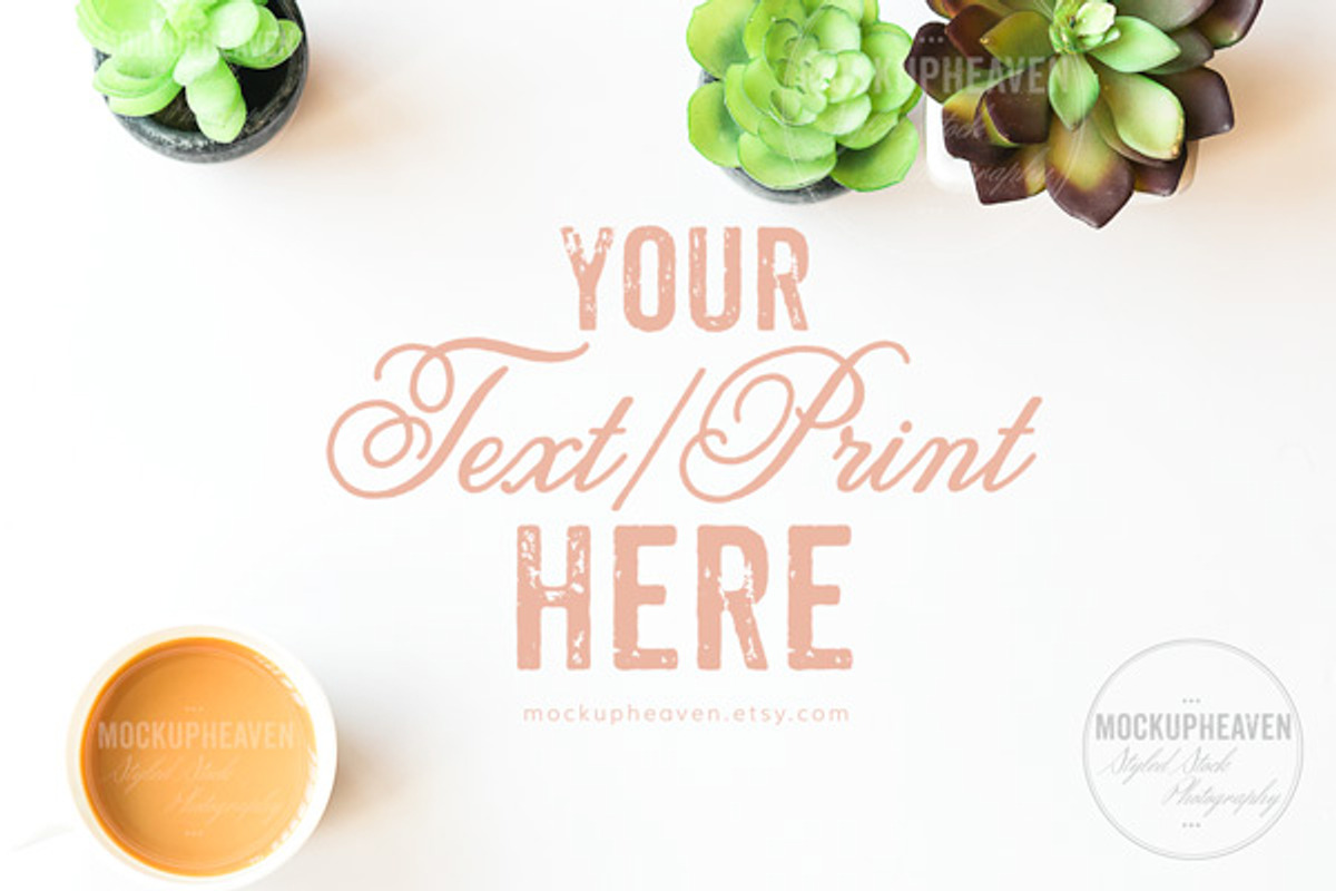 Succulents & Coffee Office Desktop#1, a Print Template by MockUpHeaven