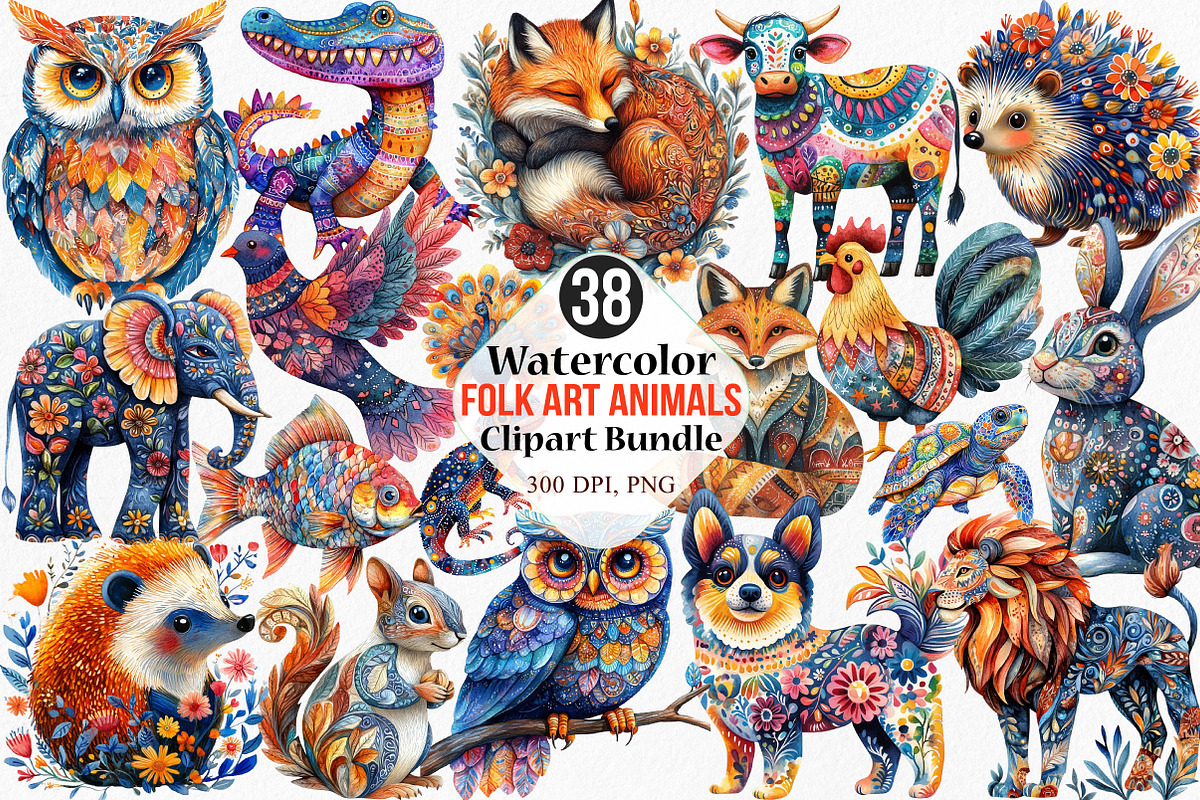 Watercolor Folk Art Animals Clipart, an Illustration by Canvas Craft (Photo 1 of 8)