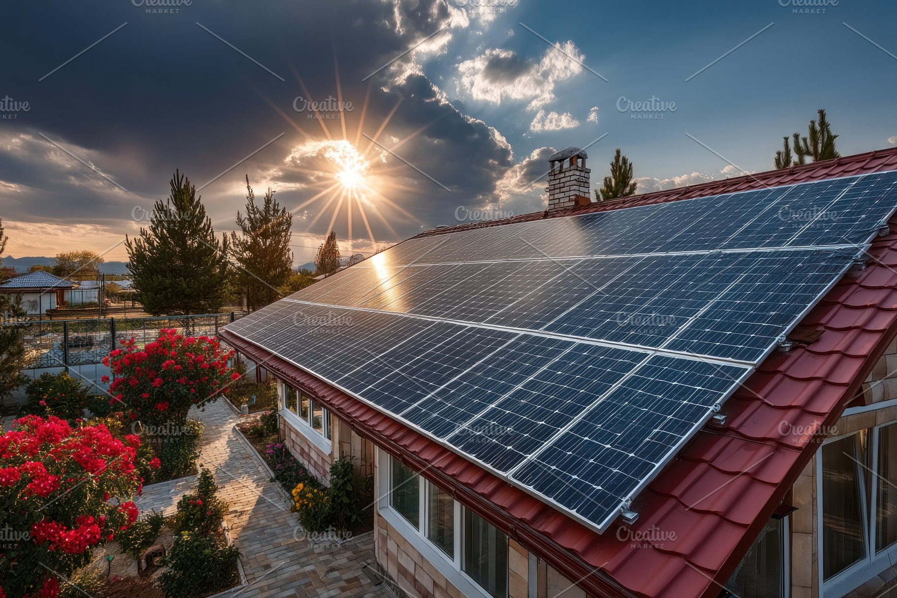 Solar panels on red tile rooftop of countryside house with flowe, a Technology Photo by José Manuel Gelpi
