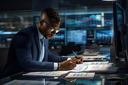 focused business executive in modern, a Photo by SaroStock