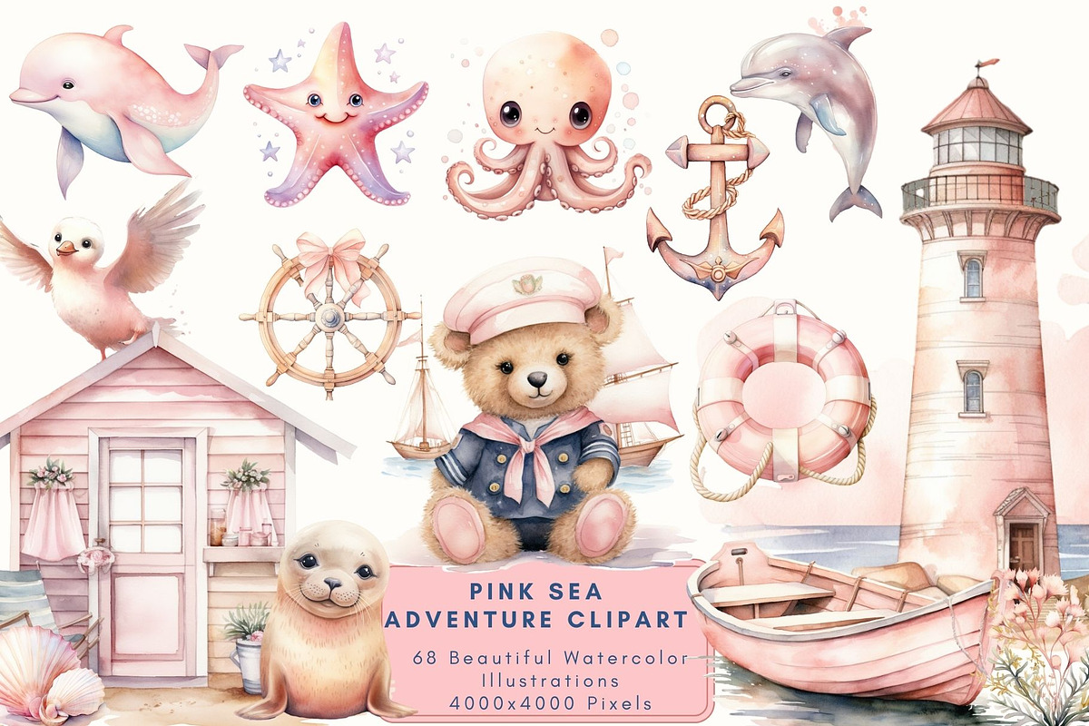 Pink Sea Adventure Clipart, an Illustration by NadiaTheronArt (Photo 1 of 4)
