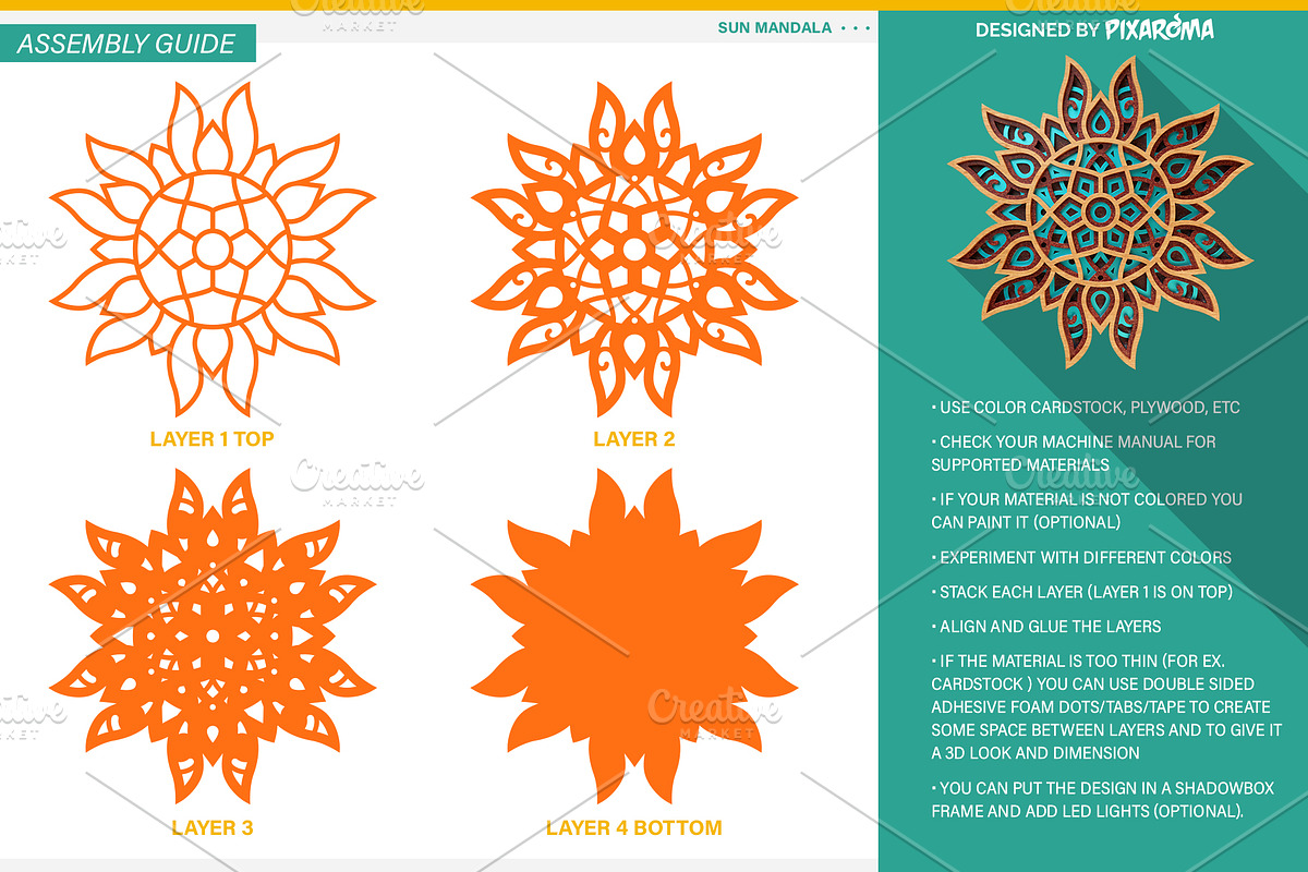Sun Mandala 3D Layered SVG Cut File, an Illustration by pixaroma