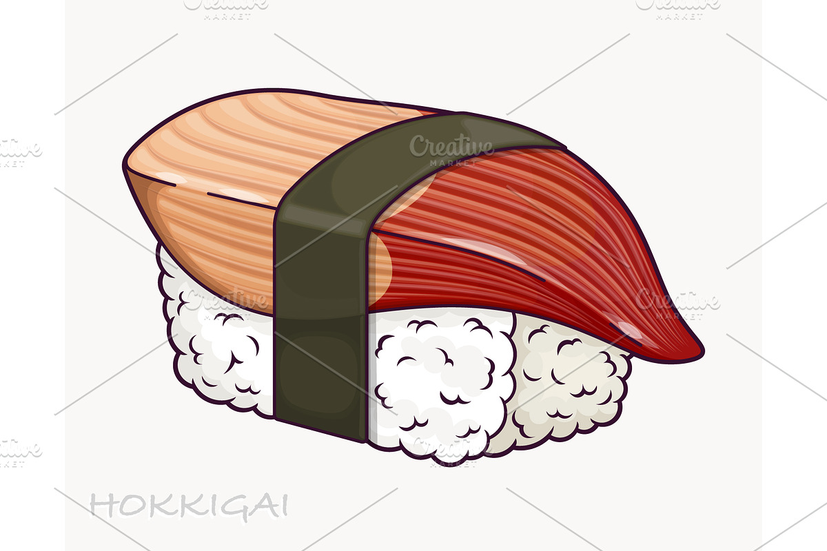 Hokkigai sushi with shellfish, a Food Illustration by Yayasya
