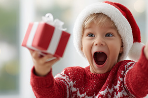 Joyful child in a Santa hat excited, a Holiday Photo by MistyDay