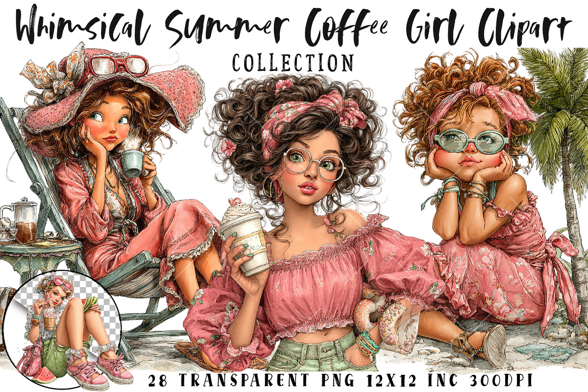 Whimsical Summer Coffee Girl Clipart, an Illustration by OK Design (Photo 1 of 6)
