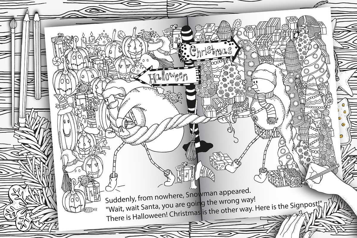 Santa and Snowman. Coloring book, an Illustration by ImHope (Photo 5 of 8)