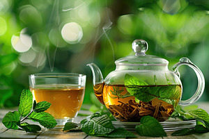 Glass cup with teapot of aromatic tea and green mint leafs on blurred green bac, a Food & Drink Photo by AlyaAnd