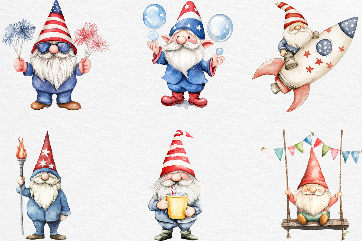 Watercolor Patriotic Gnome Clipart, an Illustration by Black Bird Studio (Photo 3 of 6)