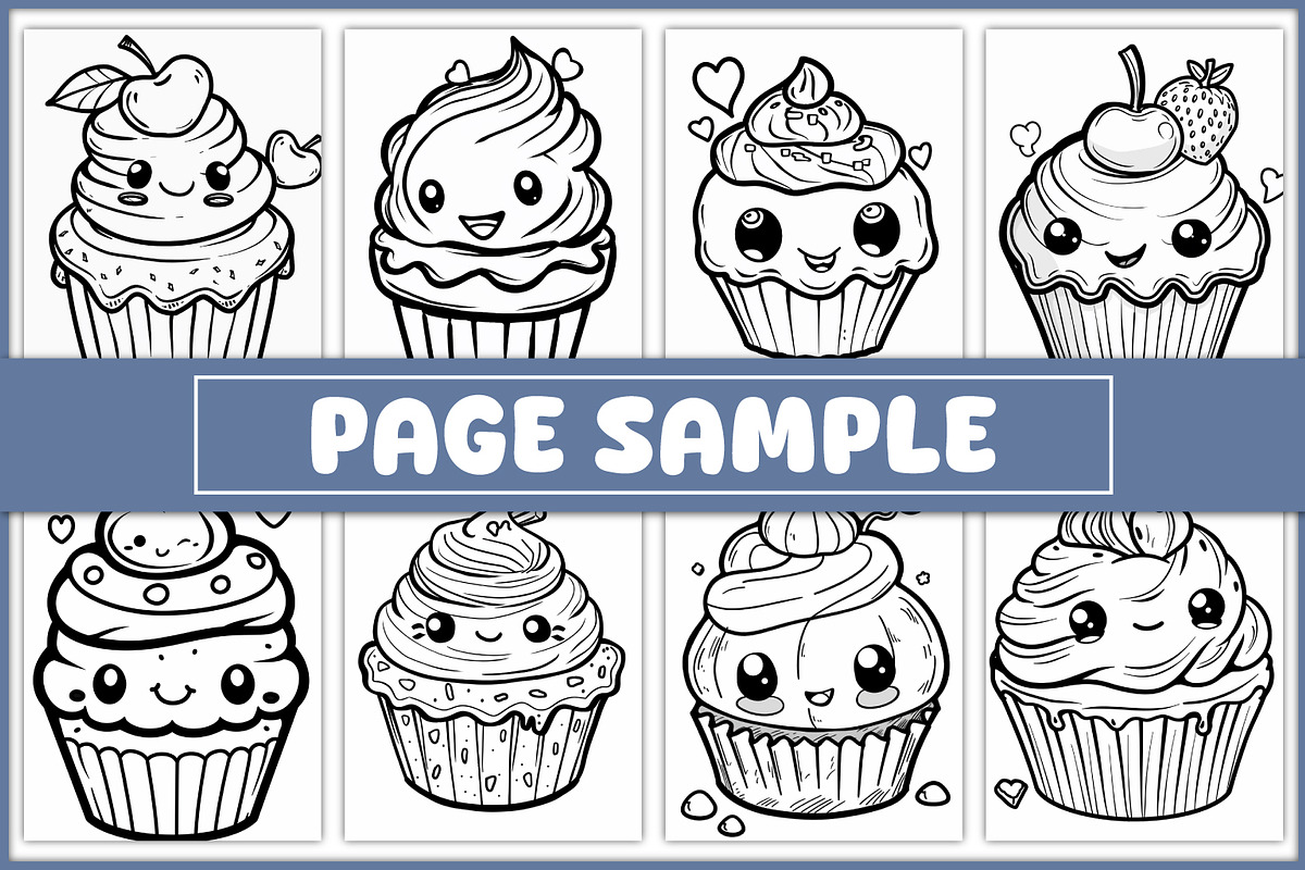 100 Kawaii Cupcake Coloring Pages, a Food Illustration by BrightMart (Photo 2 of 3)