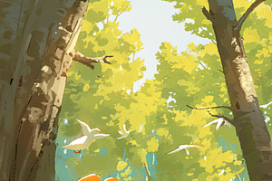Two happy children playing together in a forest setting inside a large shell, an Illustration by AS photostudio