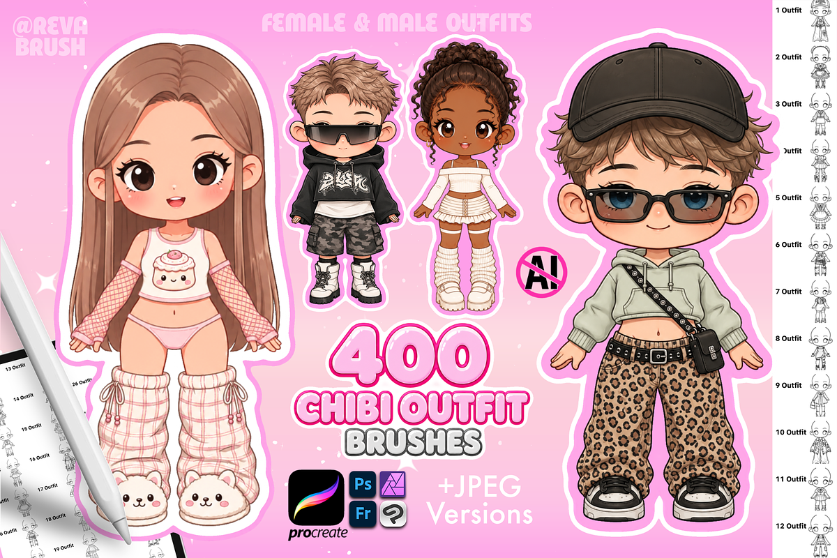 Chibi Procreate Outfit Pose brushes, a Brush Add-On by Revabrush (Photo 1 of 18)